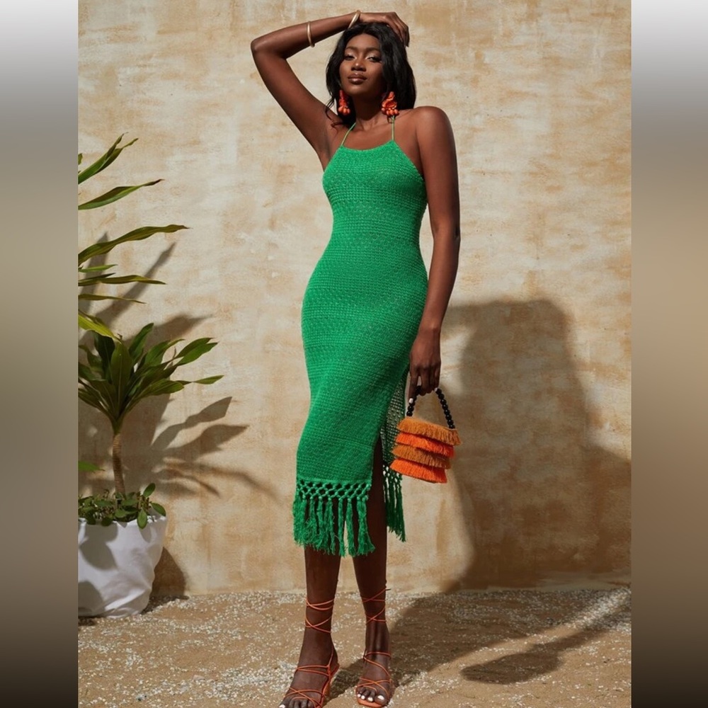Green SHEIN knit/crochet dress with fringe